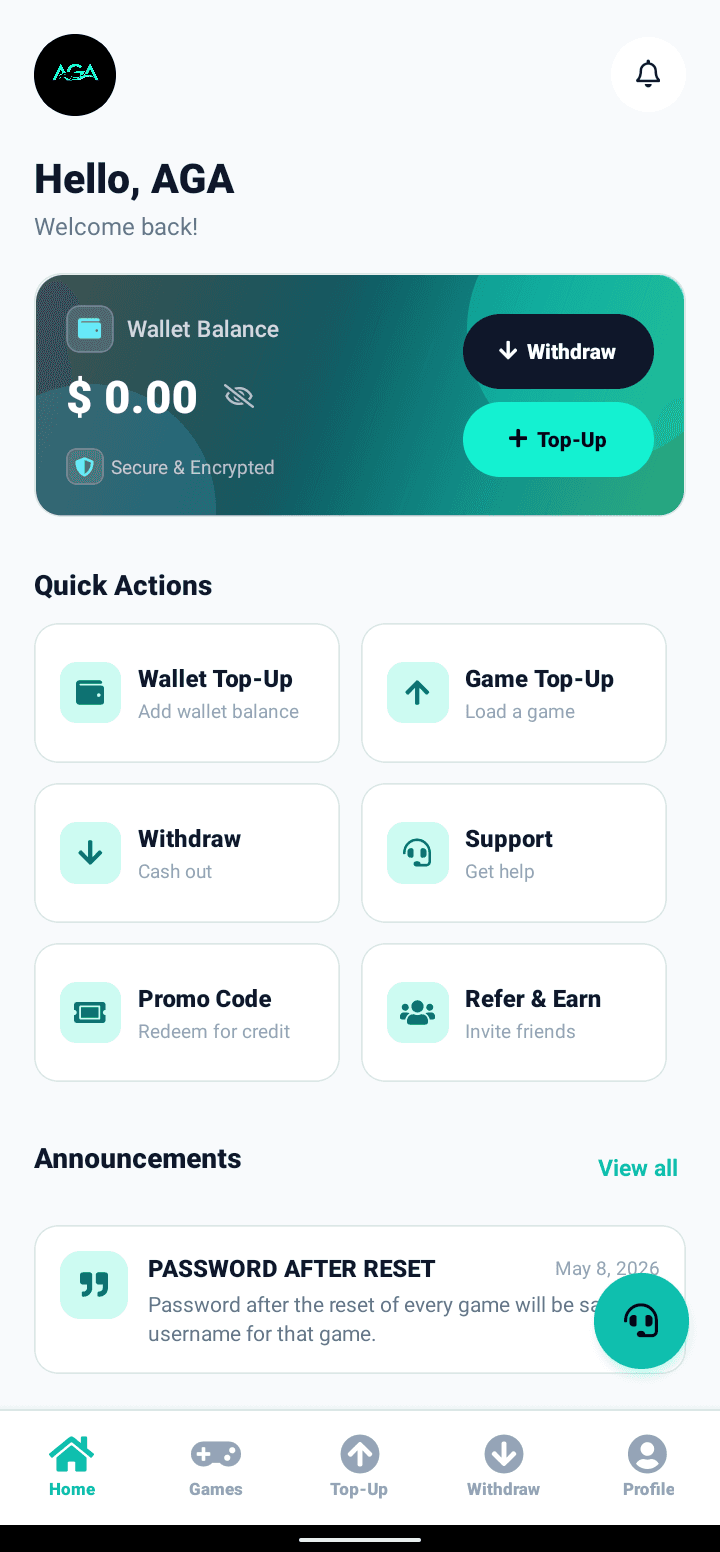AGA app home screen